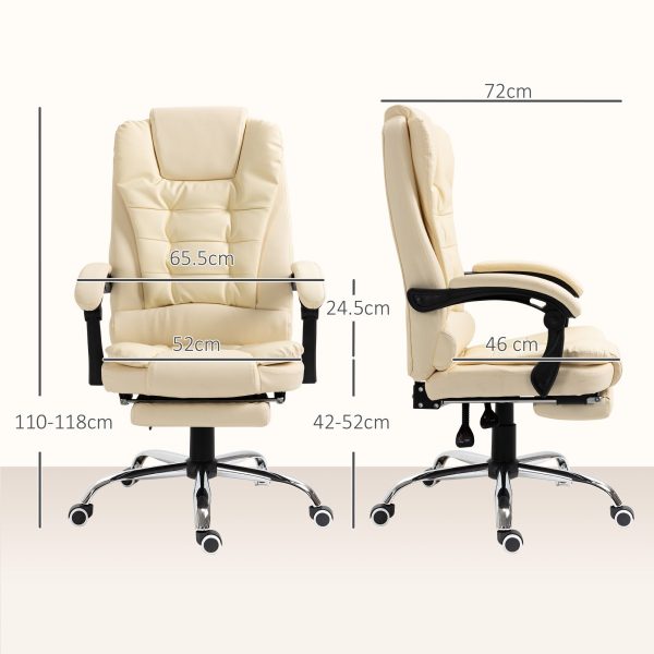 Executive Office Chair, Home Office Chair with Swivel Wheels, Reclining Backrest, Retractable Footrest, Cream White - Image 3
