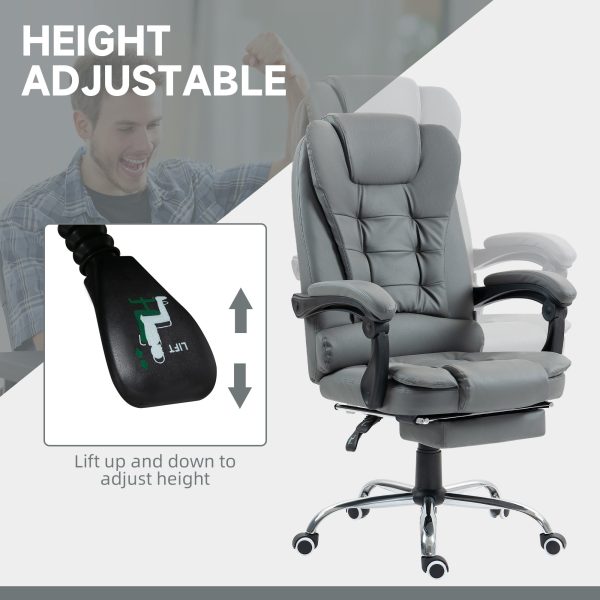 Executive Office Chair, PU Leather Home Office Chair with Swivel Wheels, Reclining Backrest, Retractable Footrest, Grey - Image 4