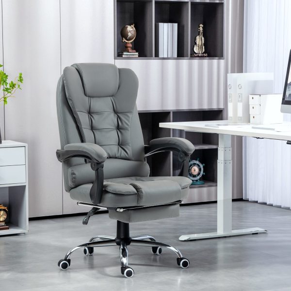 Executive Office Chair, PU Leather Home Office Chair with Swivel Wheels, Reclining Backrest, Retractable Footrest, Grey - Image 2