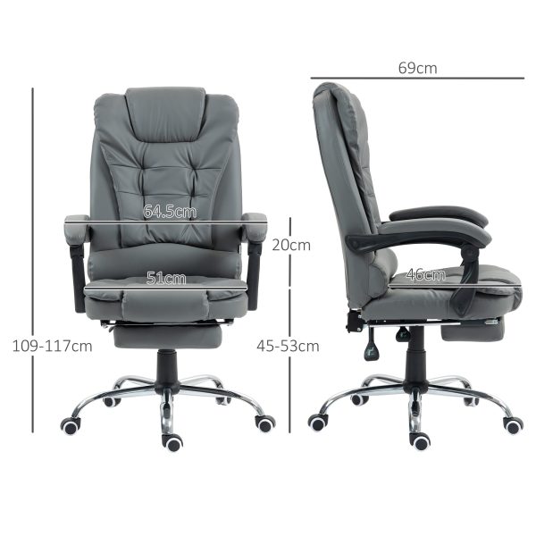 Executive Office Chair, PU Leather Home Office Chair with Swivel Wheels, Reclining Backrest, Retractable Footrest, Grey - Image 3