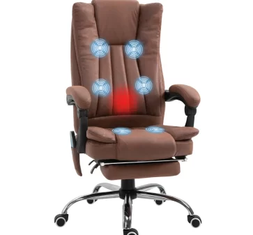 High Back Vibration Massage Office Chair, Executive Office Chair, Heated Reclining Leathaire Fabric Chair w/ Footrest, Brown | Vinsetto