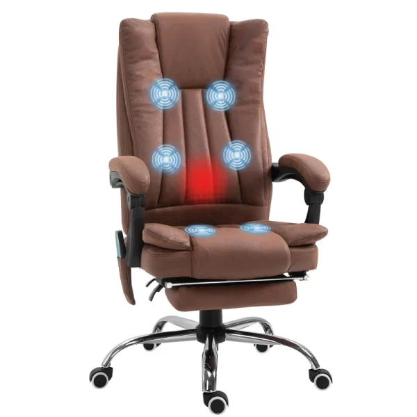 High Back Vibration Massage Office Chair, Executive Office Chair, Heated Reclining Leathaire Fabric Chair w/ Footrest, Brown | Vinsetto
