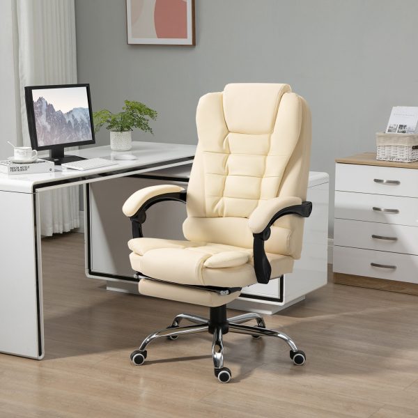 Executive Office Chair, Home Office Chair with Swivel Wheels, Reclining Backrest, Retractable Footrest, Cream White - Image 2