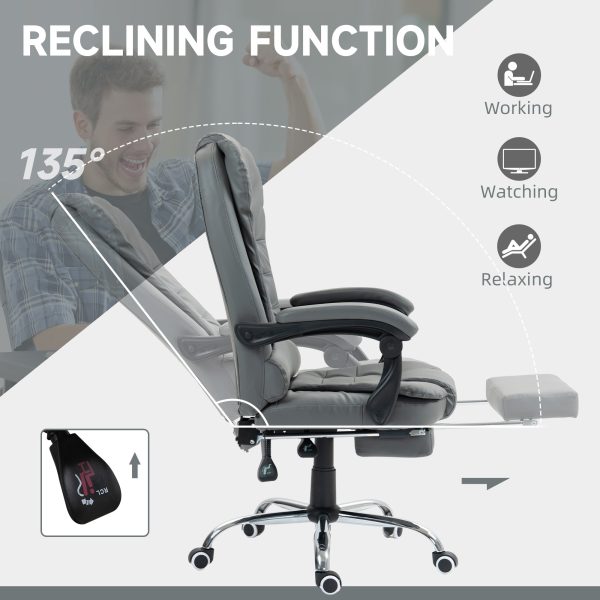 Executive Office Chair, PU Leather Home Office Chair with Swivel Wheels, Reclining Backrest, Retractable Footrest, Grey - Image 5